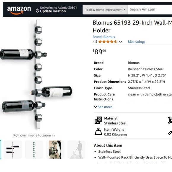 BLOMUS 🍷 29-Inch Stainless Steel Wall-Mounted Wine Bottle Holder - Picture 15 of 16